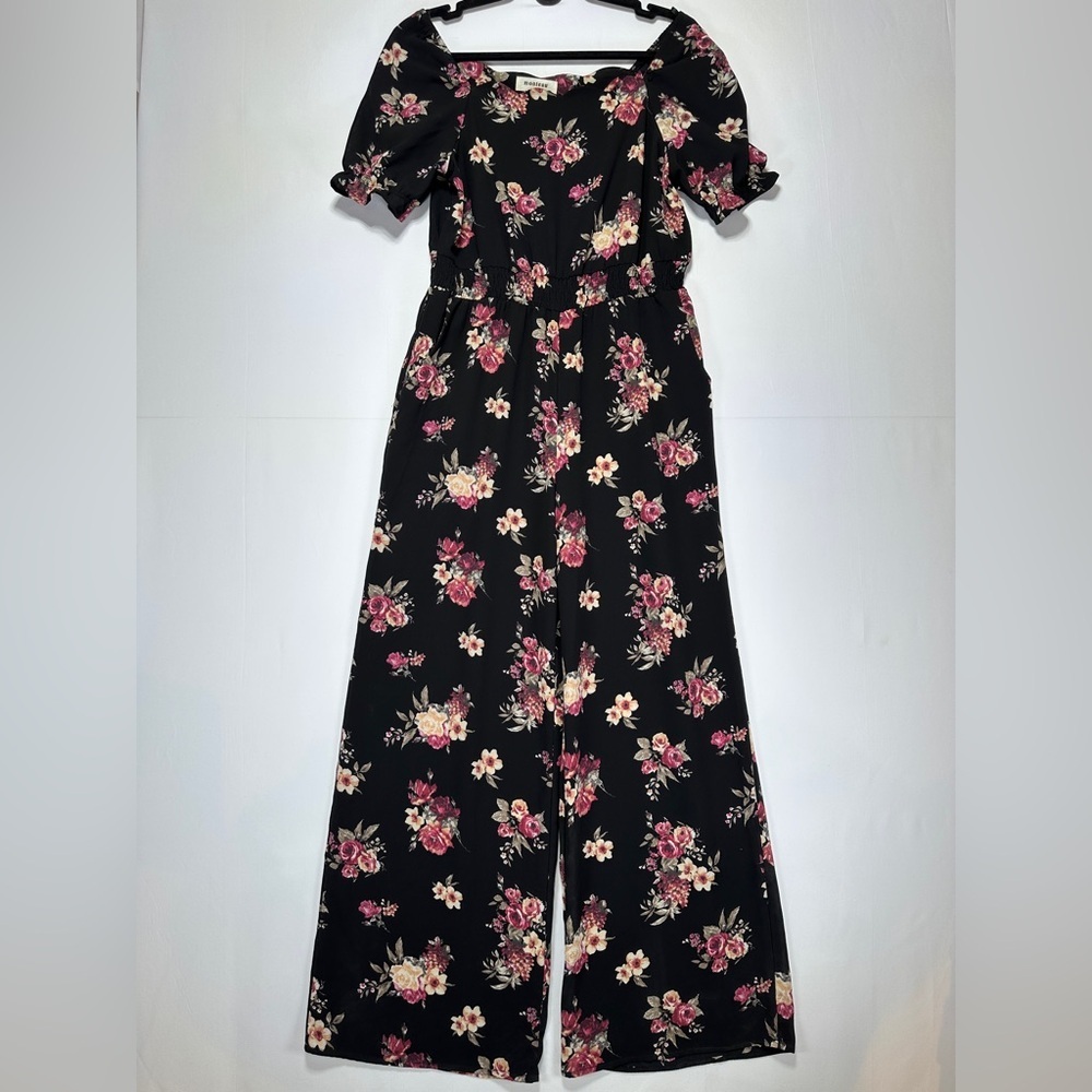 Monteau Floral Off Shoulder Jumpsuit Black Scalloped Neckline Wide Leg Party M